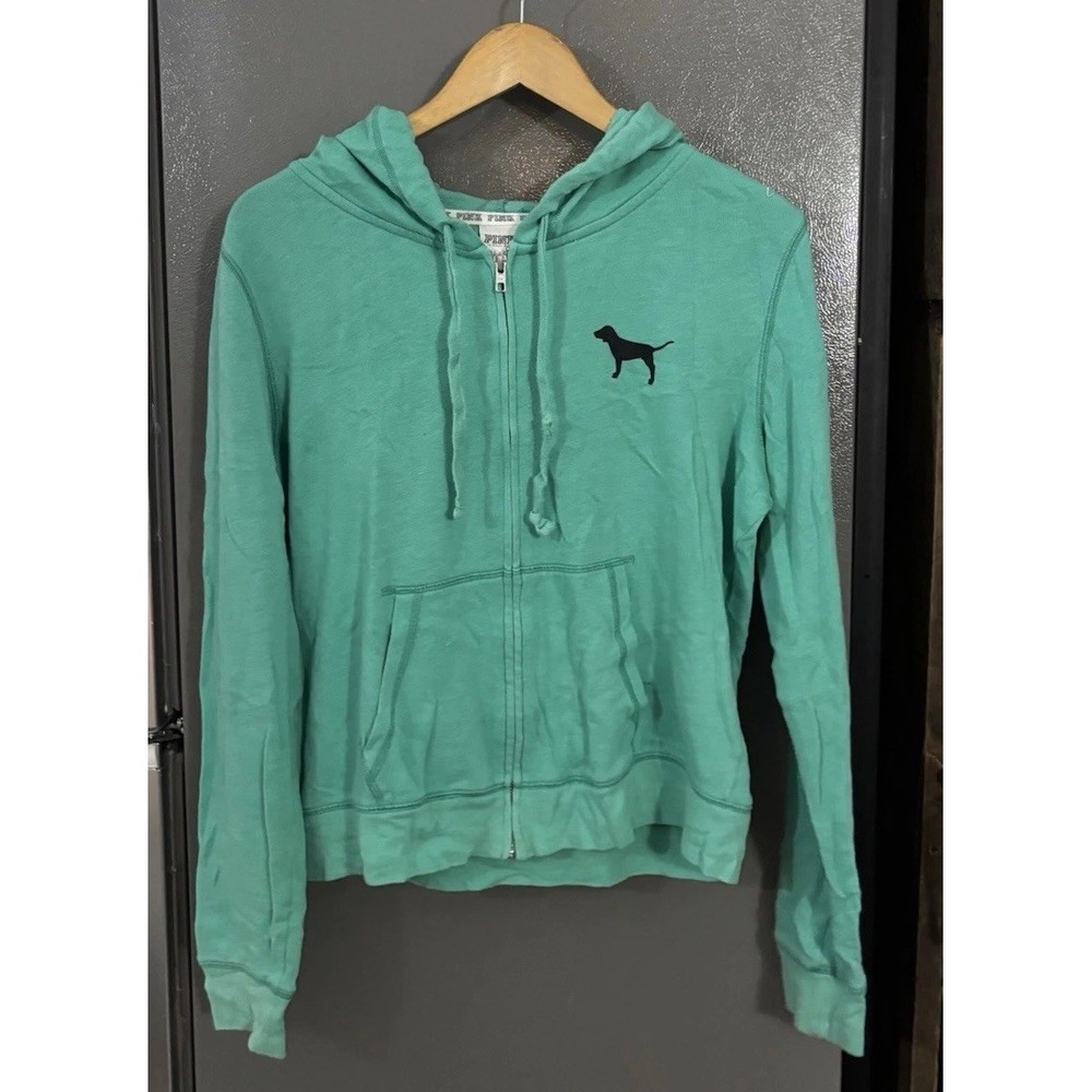 Victoria Secret PINK Women's Large Hoodie Zip Up Sweatshirt Green Y2K Beach‎